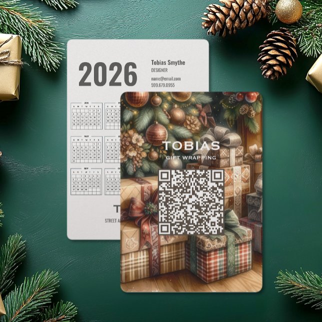 Festividades Cartão de Férias de Negócios do Código QR de Natal (Christmas QR Code 2026 Calendar Business Holiday Card (front and back))