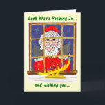 Festividades Cartão de Férias de Papais noeis de Pequim<br><div class="desc">Uma bela fotografia branca de Papais noeis a espreitar numa janela durante a época das férias de inverno adorava o cobrir desta carta.</div>