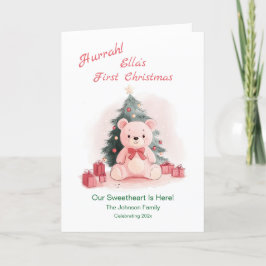 Festividades Cartão de Férias de Primeiro Natal do Urso Rosa