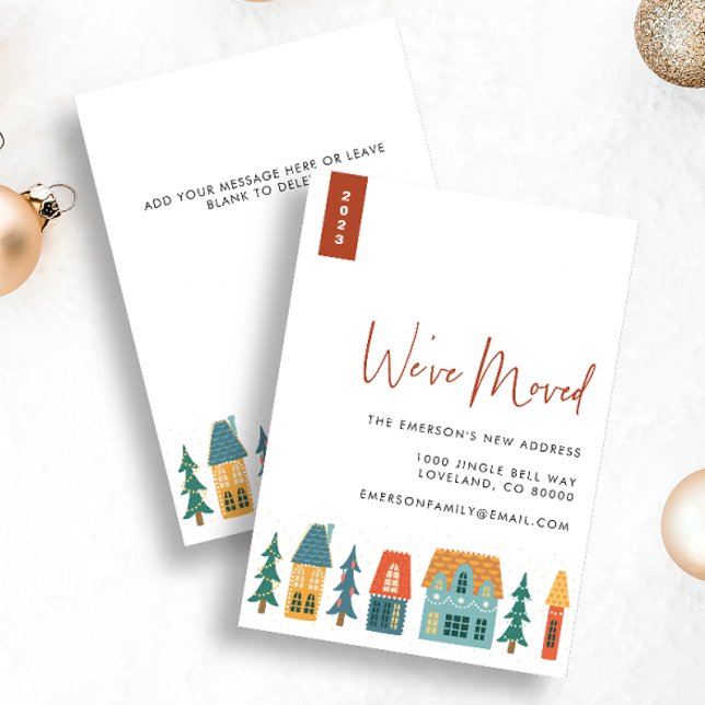 Festividades Cartão de Férias de Retorno para Casa (2023 We've Moved Holiday Retro Houses Christmas Card with message on back)