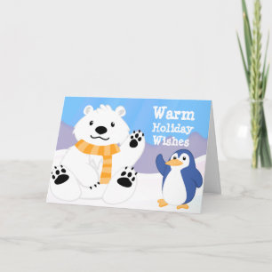 Festividades Cartão de Férias de Urso Polar e Pinguim Fofos