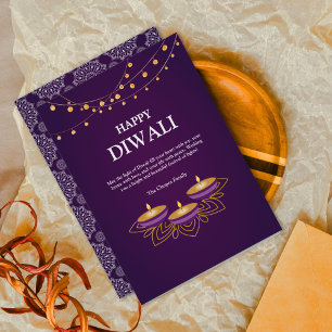 Festividades Cartão de Férias Diwali Personalizado Roxo Branco 