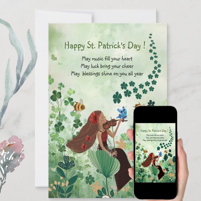 Festividades Cartão de Férias do Dia de São Patrício com Música (St. Patrick's Day Holiday Card with Music, featuring woman playing a violin,, great card for holiday)