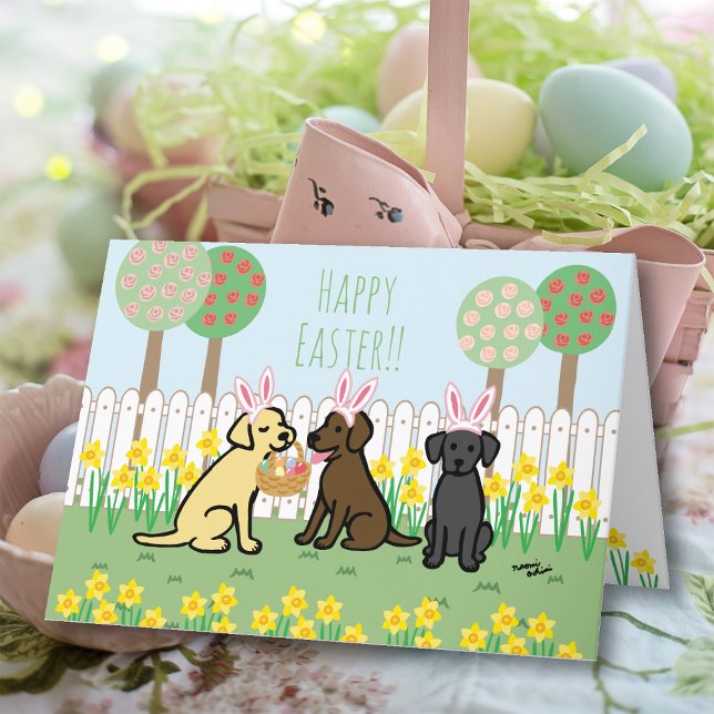 Festividades Cartão de Férias do Jardim de Bunnies da Páscoa de (Yellow Lab and Chocolate Lab and Black Lab Easter Bunnies Greeting Cards.  Cute Labrador Cartoon.)