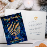 Festividades Cartão de Férias Dourado Menorah Hanukkah<br><div class="desc">Celebre a estação com este cartão de feriado chanucá, impressionante, com uma menorah de ouro radiante contra um fundo floral de cor d'água de marinho rico. A luz de velas e o roteiro de ouro sombrios adicionam calor e elegância, enquanto o dentro oferece espaço para uma mensagem personalizada sincera. Ideal...</div>