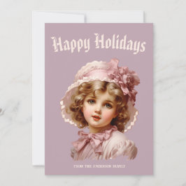 Festividades Cartão de Férias Menina Nostálgica em Rosa