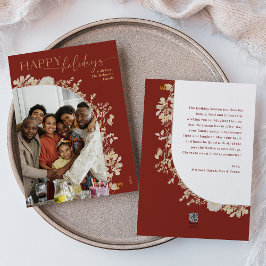 Festividades Cartão de Férias Modern Red Gold Floral 1 Photo Ar