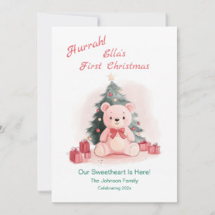 Festividades Cartão de Férias Plana Pink Teddy Bear First Chris