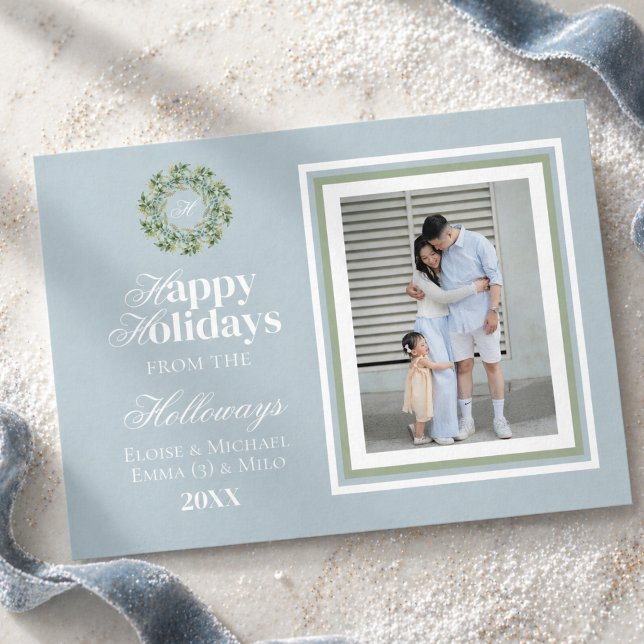 Festividades Cartão de Férias Plano com Foto e Monograma em Scr (Watercolor Monogram Script Photo Flat Holiday Card)