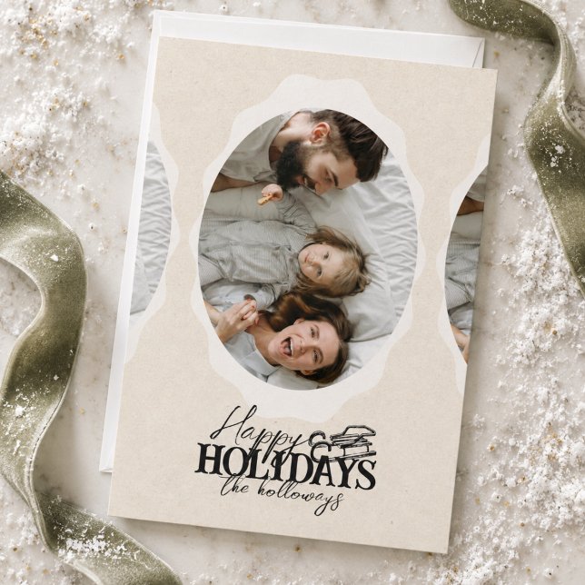 Festividades Cartão de Férias Plano com Foto Oval em Script Ele (Elegant Script Oval Photo Flat Holiday Card
)