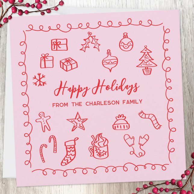 Festividades Cartão de Férias Rabisco Desenho Rosa e Vermelho (Fun scribble doodle personalized Christmas holiday card)