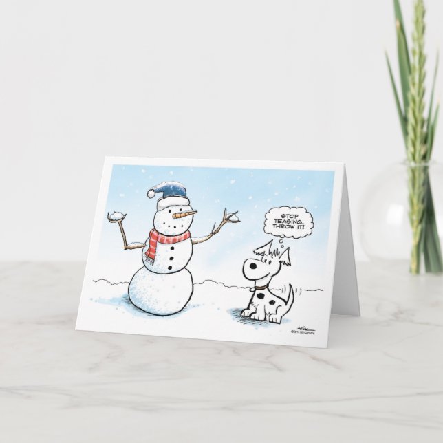 Festividades Cartão de Férias Snowman e dog. Pare de brincar. J (Frente)