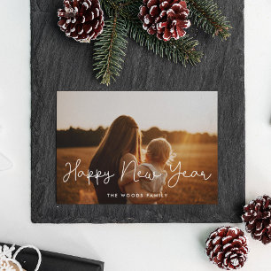 Festividades Cartão de foto de Ano Novo Alegre com script fofo