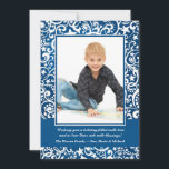 Festividades Cartão de Foto de Estrelas e Espirais Abstratas de<br><div class="desc">Um impressionante padrão branco no azul com redemoinhos,  pontos e estrelas.  Lindo como um cartão de Natal ou convite de inverno para uma festa de aniversário.  O cartão é fácil de personalizar com sua redação,  fonte,  cor da fonte e escolha de seis tipos de papel.</div>