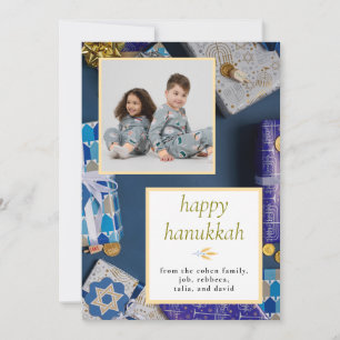 Festividades Cartão de Foto de Família Feliz Hanukkah Azul Eleg