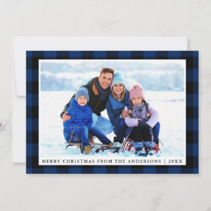 Festividades Cartão de Foto de Família Xadrez Azul Natal Feliz