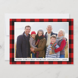 Festividades Cartão de Foto de Família Xadrez Vermelho Feliz Na
