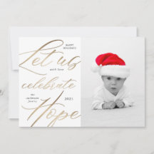 cartão de foto de feriado com letra dourada para c