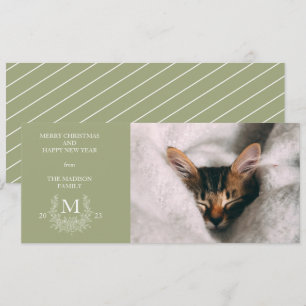 Festividades Cartão de foto de férias Sage Green com monograma 
