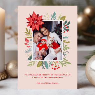Festividades Cartão de Foto de Natal com Bênçãos Florais Modern