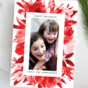 Festividades Cartão de Foto de Natal com Floral Vermelho