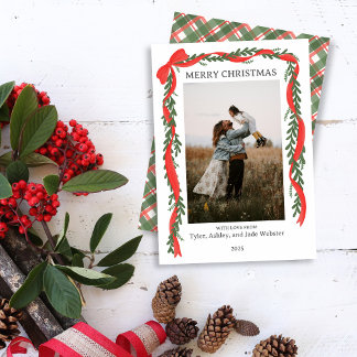 Festividades Cartão de Foto de Natal - Laço Vermelho Clássico e