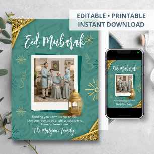 Festividades Cartão de Foto Eid Mubarak Verde Sage e Dourado El