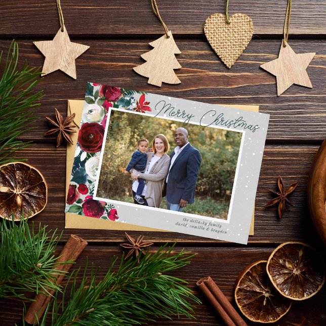 Festividades Cartão de Foto Floral de Natal Feliz para Família (Criador carregado)