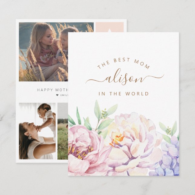 Festividades Cartão de Foto Personalizado Floral para Mamãe (Frente/Verso)