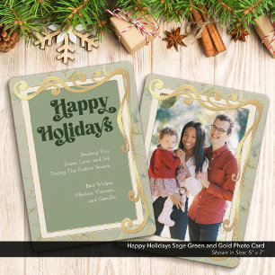 Festividades Cartão de Foto Verde Sage e Dourado com Feliz Feri