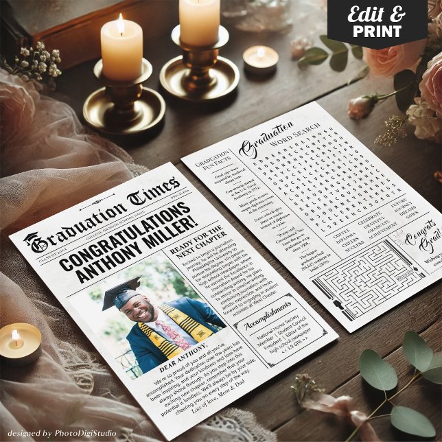 Festividades Cartão de Graduação Único de Jornal de Graduação P (Custom Graduation Newspaper, Graduation Announcement Card)