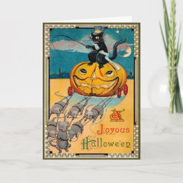 Festividades Cartão de Halloween de Abóbora com Gato Retro