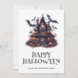 Festividades Cartão de Halloween de Pumpkins Hunted House Bats