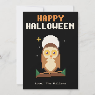 Festividades Cartão de Halloween em Pixel Art de Coruja e Lua