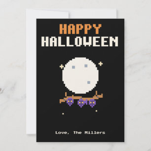 Festividades Cartão de Halloween em Pixel Art de Morcegos e Lua