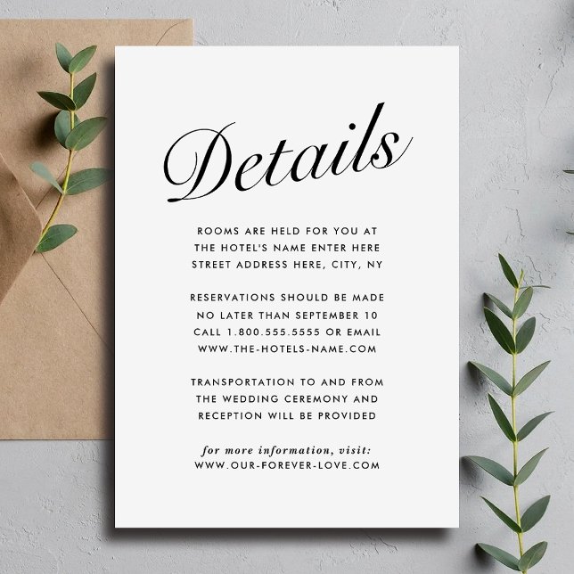 Festividades Cartão de Informações para Convidados em Script Mo (Elegant Modern Script Black White Guest Info. Card)