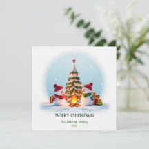 Cartão de Natal Aconchegante, Boneco de Neve e Árv