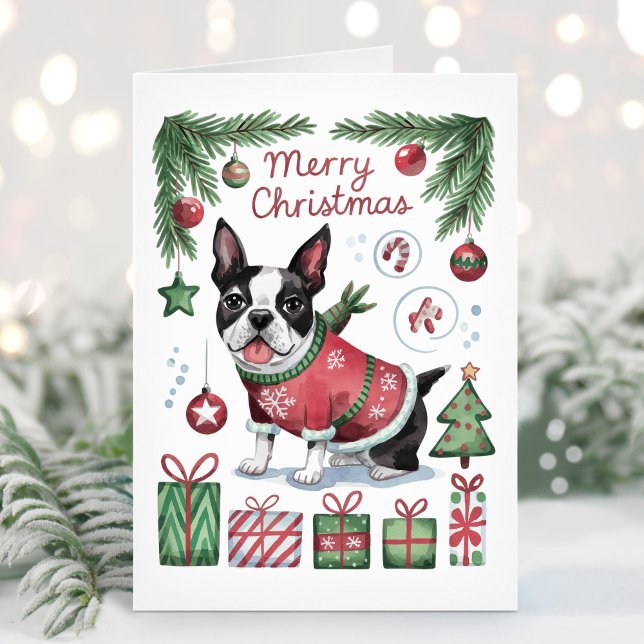 Festividades Cartão de Natal Adorável de Boston Terrier em Aqua (Criador carregado)