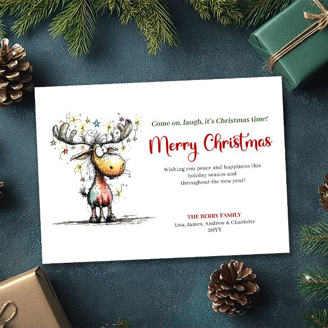 Festividades Cartão de Natal Alegre com Rena Divertida (Festive Funny Reindeer Merry Christmas Card)