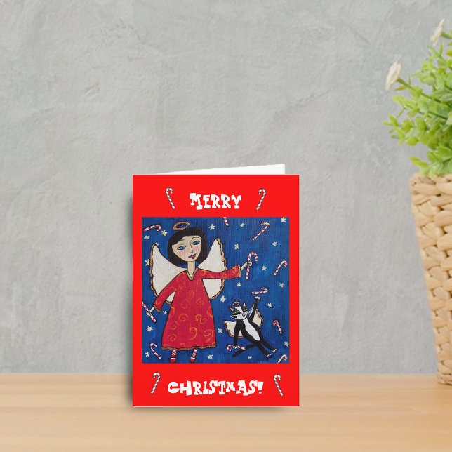 Festividades Cartão de Natal Anjo e Gato com Bengala de Natal (Angel Red dress cat angel floating night sky with candy canes on red Merry Christmas greeting card.)