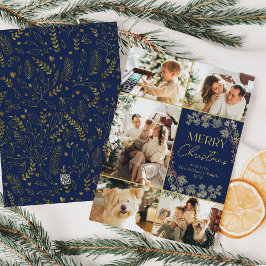 Festividades Cartão de Natal Azul de Colagem de Fotos Dourado