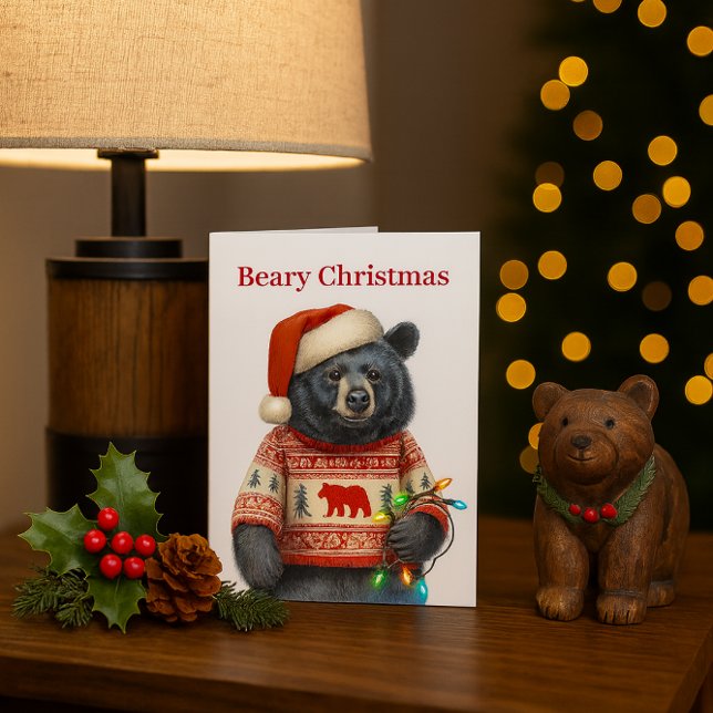 Festividades Cartão de Natal Beary Alegre (Beary Christmas card with cute black bear in sweater, Santa hat, and lights kids holiday card design)