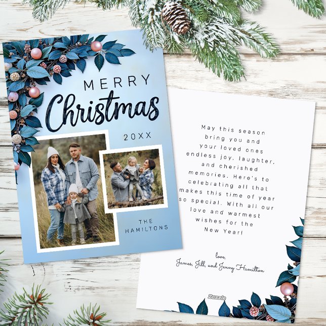 Festividades Cartão de Natal Blue Botanical 2 Photo (Blue Christmas Card)