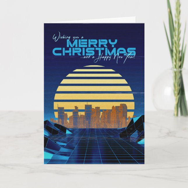 Festividades Cartão de Natal Blue Synthwave (Frente)