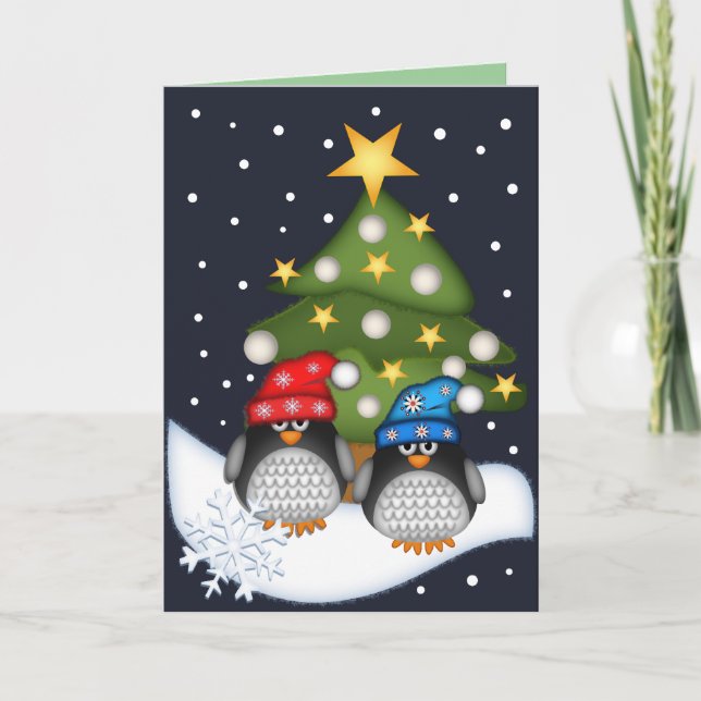 Festividades Cartão de Natal bonito com pinguins e texto de den (Frente)