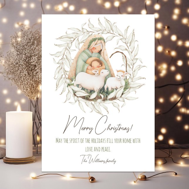 Festividades Cartão de Natal bonito com sua foto no verso (Cute pastel Christmas card with baby Jesus and Mary. Your photo on the back side)