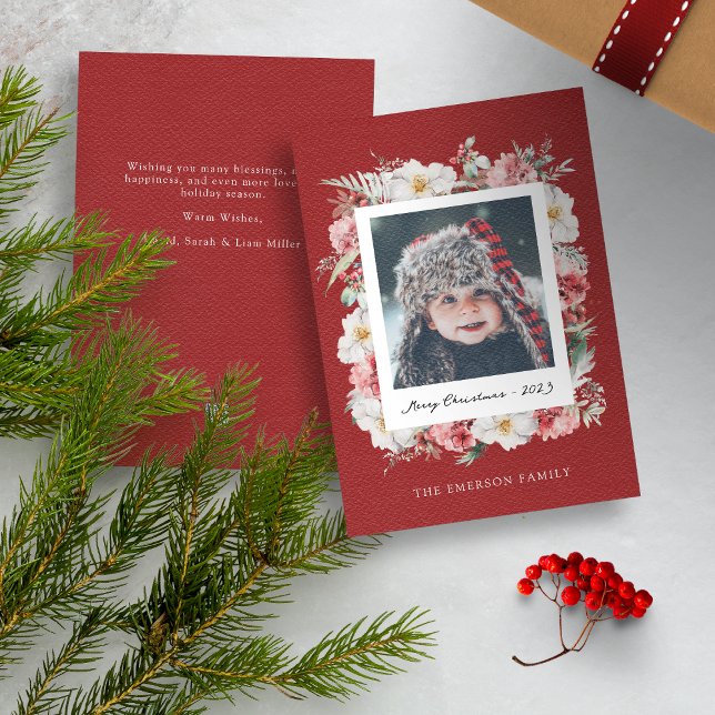 Festividades Cartão de Natal Botânico Fotográfico (Red Merry Christmas Photo Holiday Card with Elegant Watercolor Botanical Florals Berries)