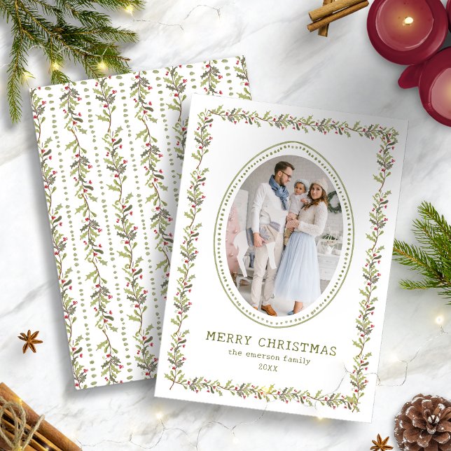 Festividades Cartão de Natal Botânico Rústico Verde (Holiday Vintage Green Rustic Botanical Christmas Photo Card by Painted Paperie
)