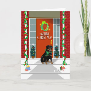 Festividades Cartão de Natal - cão de Rottweiler no patamar