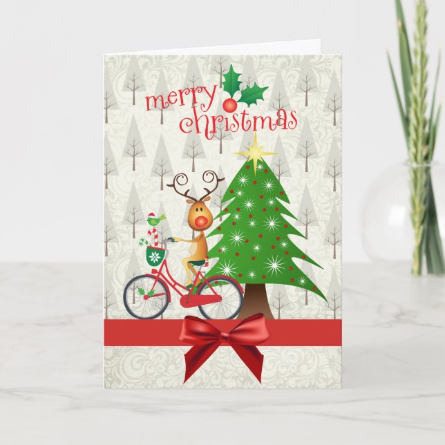 Festividades Cartão de Natal com a rena na bicicleta (Frente)